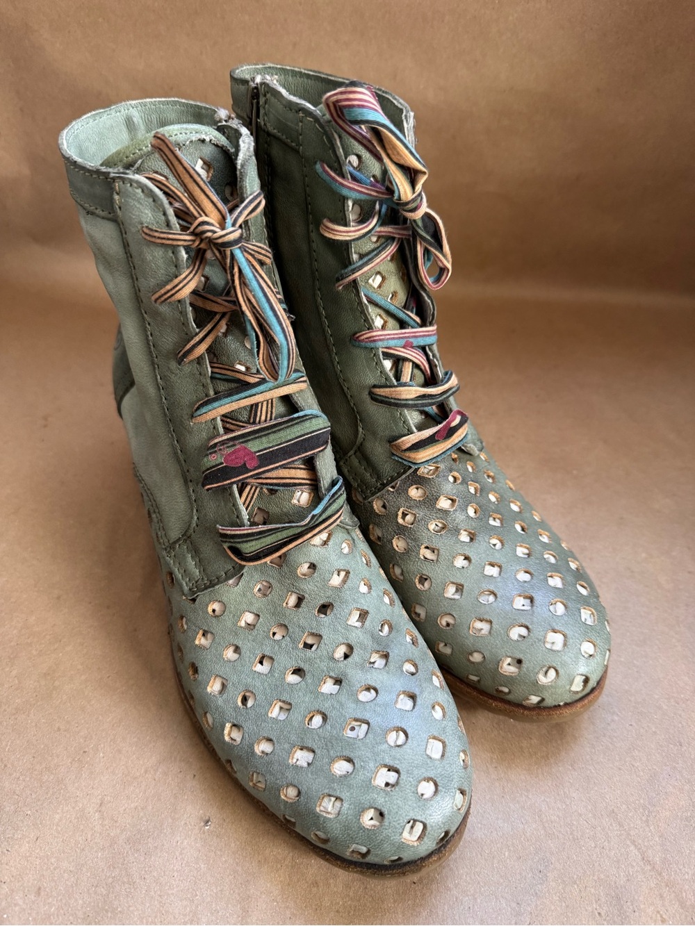 Felmini Soft Green Laser Cut Leather Heeled Combat Boots. Size EU 39